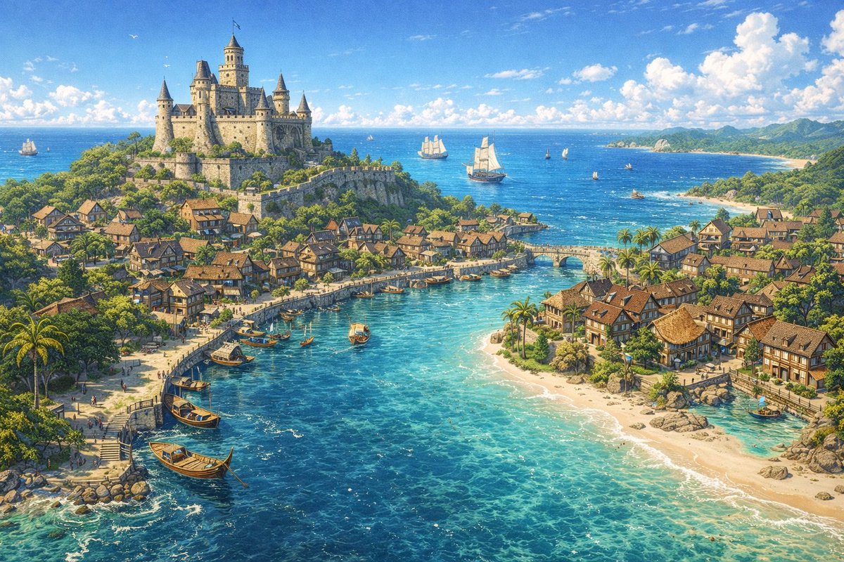 Fantasy Coastal City Landscape Qwen Image prompt example: Generates a highly detailed, vibrant landscape of a coastal town with a castle, perfect for RPG settings or fantasy...