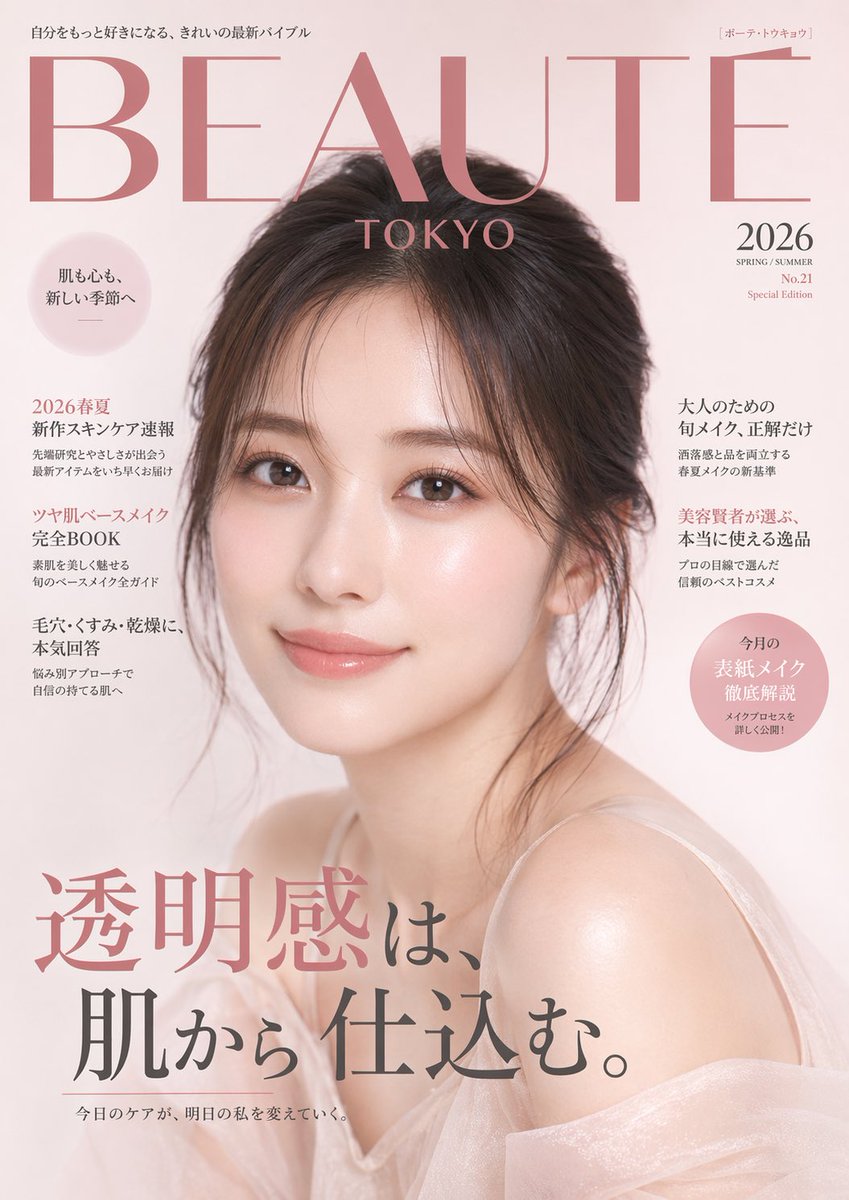 Japanese Beauty Magazine Cover Qwen Image 프롬프트 예시: Generates a realistic Japanese beauty and skincare magazine cover featuring a cover model and multiple text headlines.