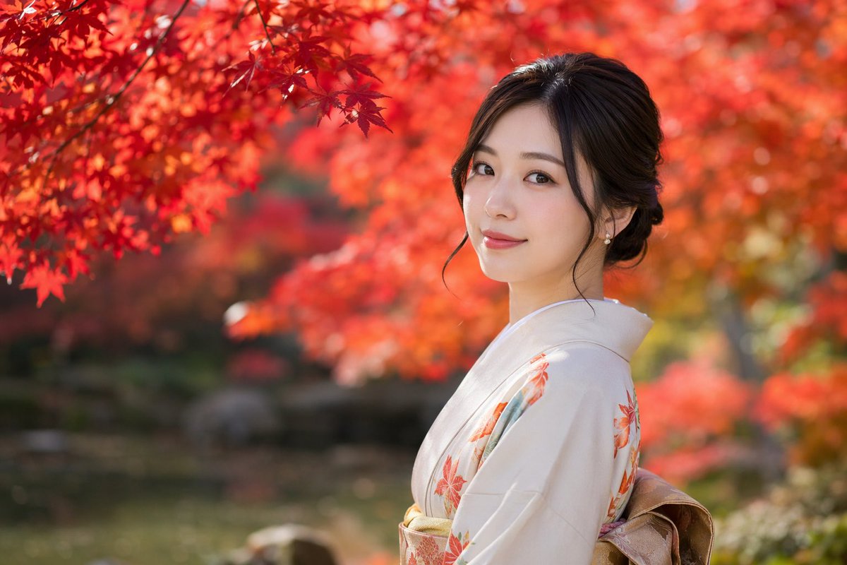 Photorealistic Autumn Kimono Portrait のQwen Imageプロンプト例: Generates a highly realistic portrait of a woman in a kimono set against a vibrant, bokeh-rich autumn background.