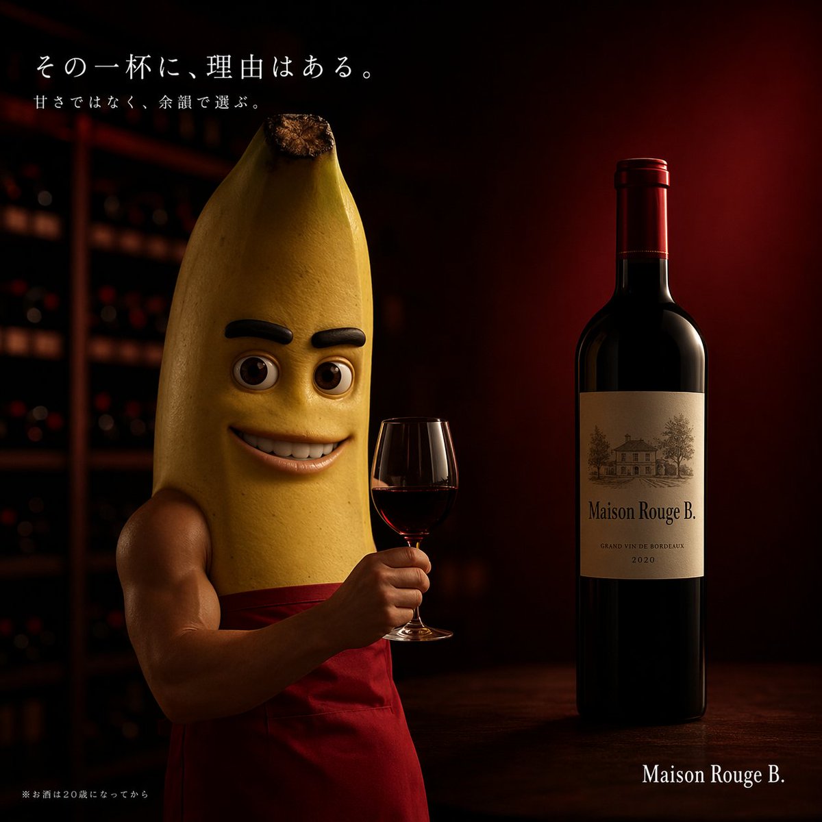Cinematic Banana Wine Advertisement 的 GPT Image 2 提示词示例图：Generates a moody, high-end commercial advertisement featuring a humorous humanoid character holding a glass of wine with...