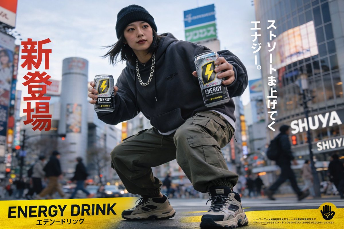 Urban Energy Drink Advertisement Poster のQwen Imageプロンプト例: Generates a photorealistic street-style advertisement poster featuring a model holding energy drinks with customizable...