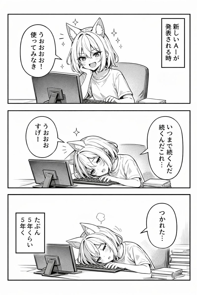 3-Panel Anime Comic Strip 的 Qwen Image 提示词示例图:Generates a 3-panel vertical manga strip depicting a character's progressive exhaustion at a computer desk, complete with...