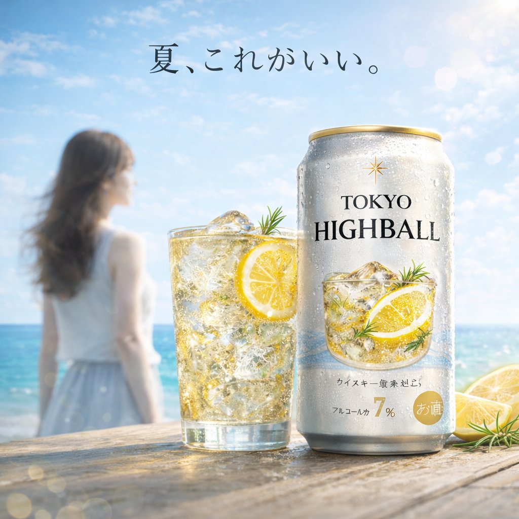 Summer Beach Beverage Commercial Shot 的 GPT Image 2 提示词示例图：Generates a refreshing product photography scene of a canned drink and glass on a beach, featuring customizable product...