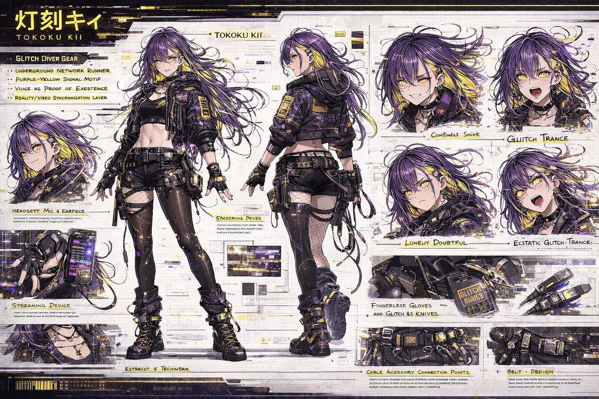 Cyberpunk Anime Character Concept Sheet REVE 2 prompt example: Generates a highly detailed anime character reference sheet featuring full-body poses, multiple expressions, and...