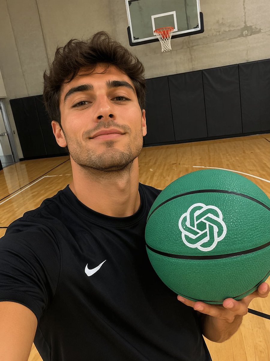 Custom Logo Basketball Selfie 的 Qwen Image 提示词示例图：Generates a photorealistic selfie of a young man holding a custom-colored basketball with a specific logo on an indoor court.