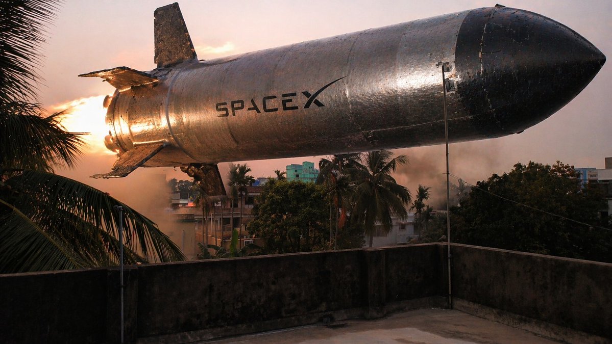 Low-Hovering Spacecraft Over Neighborhood のQwen Imageプロンプト例: Generates a photorealistic image of a massive rocket hovering horizontally over a residential area, useful for...
