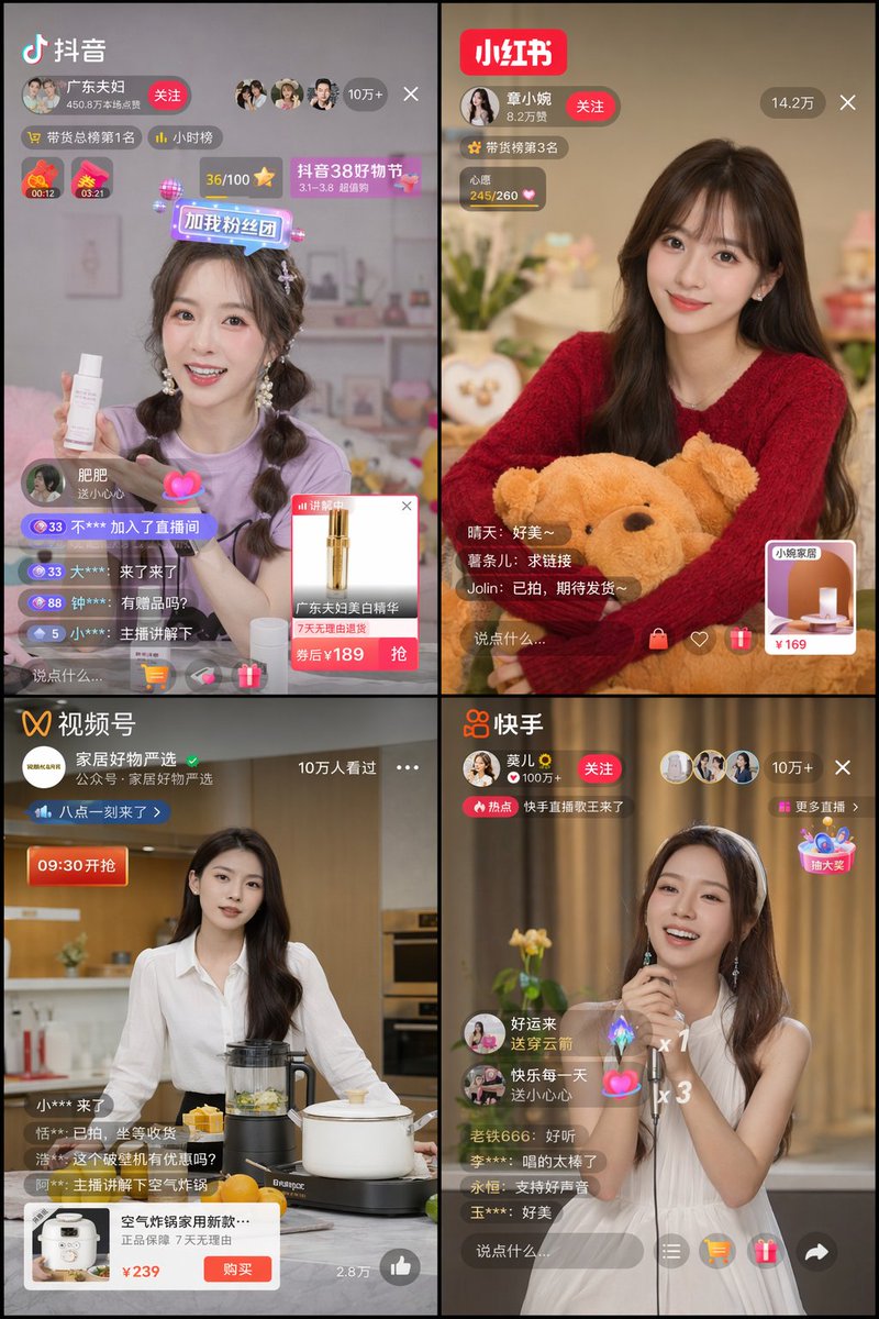 Chinese Livestreaming App UI Grid GPT Image 2 prompt example: Generates a 2x2 grid of realistic Chinese livestreaming app interfaces featuring different hosts, platforms, and UI...