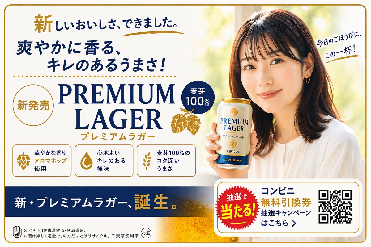 Japanese Beer Advertisement Banner Qwen Image 프롬프트 예시: Generates a realistic Japanese promotional banner for a beer product featuring a model, catchphrases, feature highlights,...