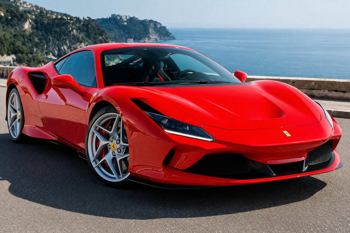 Photorealistic Coastal Sports Car Qwen Image prompt example: Generates a high-quality automotive photograph of a sports car parked on a scenic coastal road.