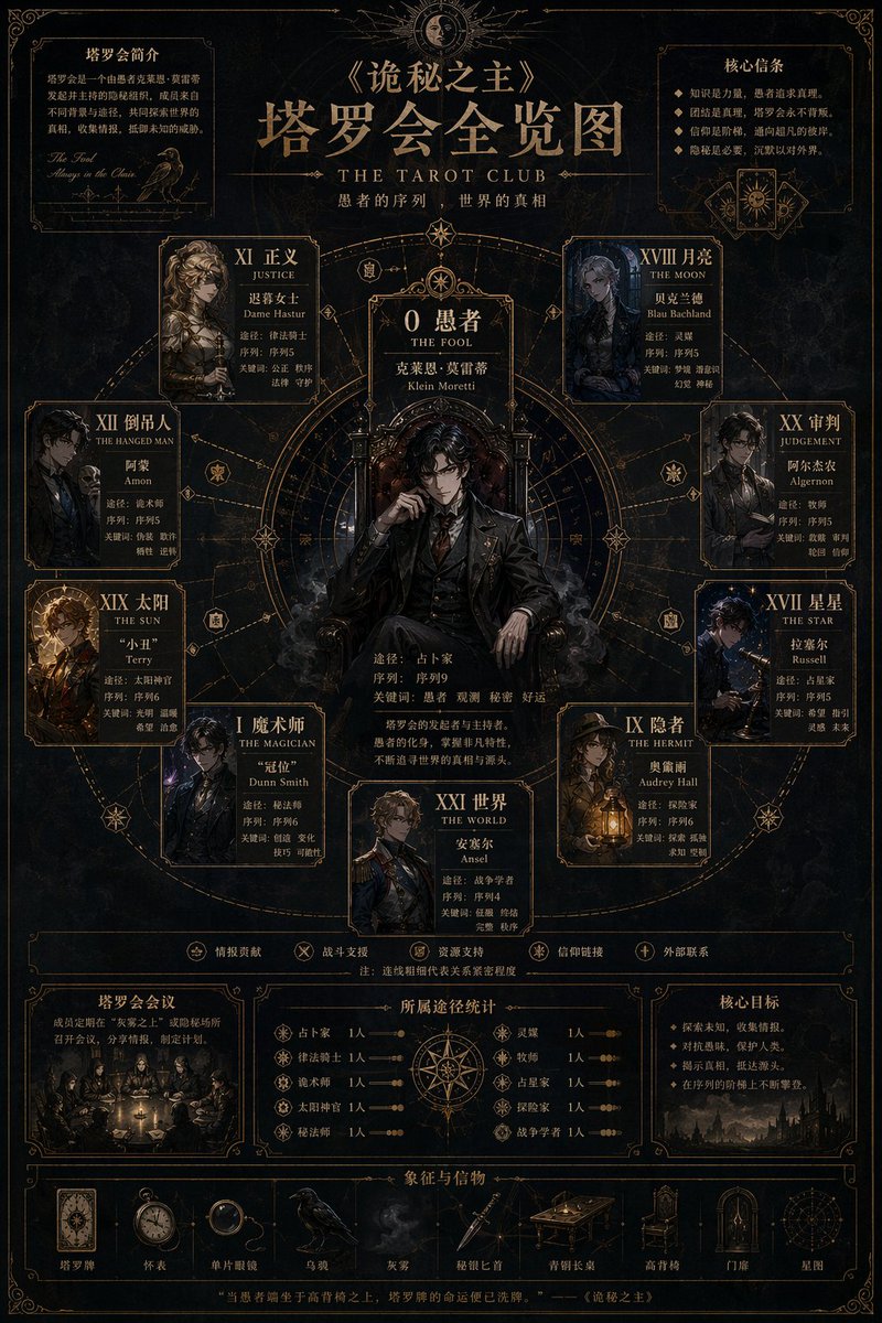 Dark Fantasy Tarot Club Lore Infographic のQwen Imageプロンプト例: Generates a highly detailed, gothic-style character relationship map and lore infographic, perfect for tabletop RPG...