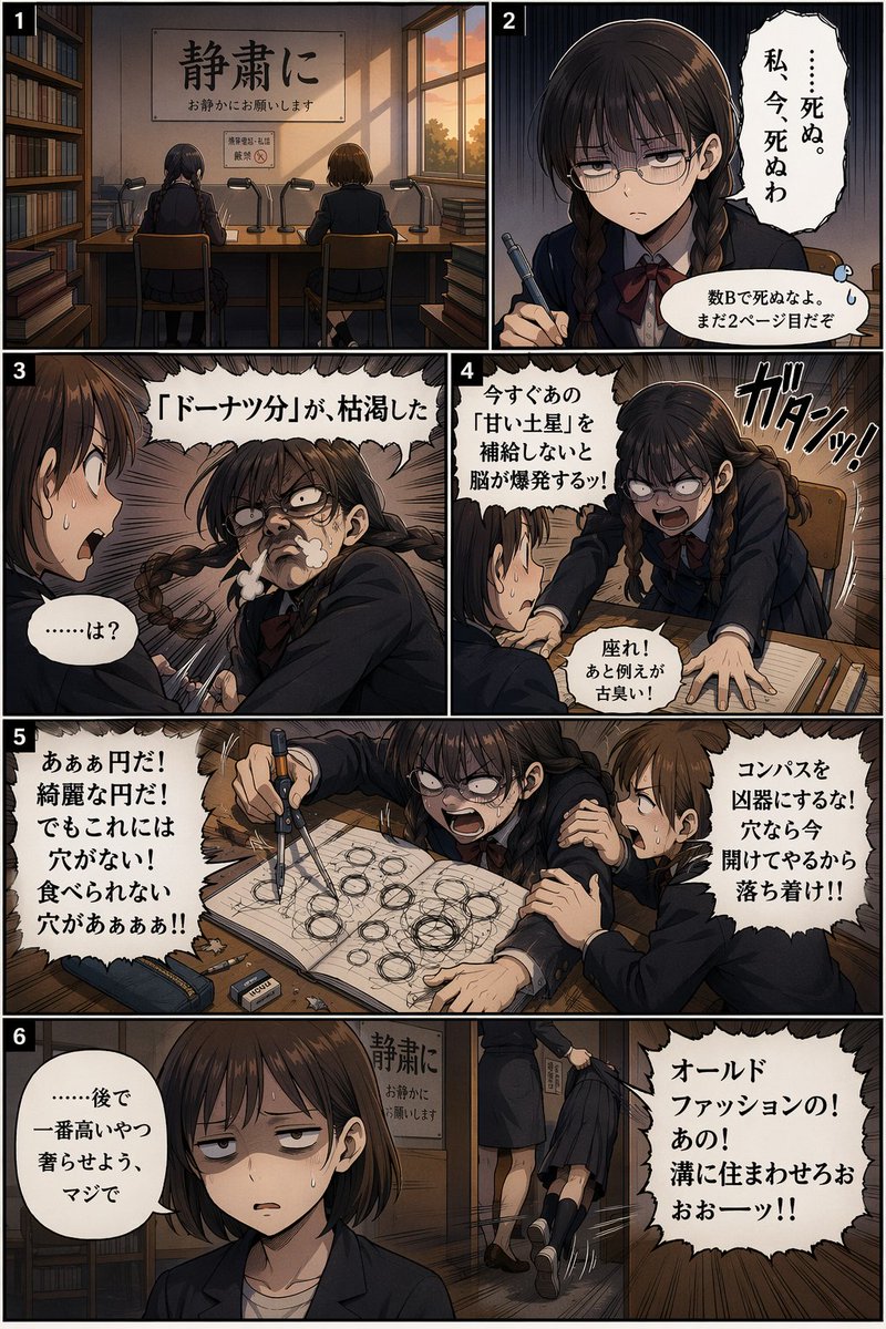 6-Panel Comedy Manga Page Qwen Image prompt example: Generates a structured 6-panel anime-style comic page depicting a humorous scenario of a student going crazy from studying.
