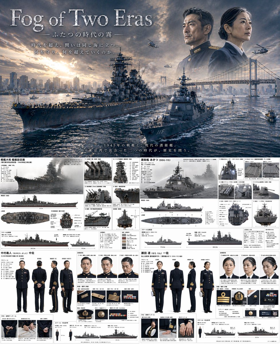 Dual-Era Naval Drama Poster & Spec Sheet Qwen Image prompt example: Generates a highly detailed, split-layout image featuring a cinematic military poster on top and comprehensive...