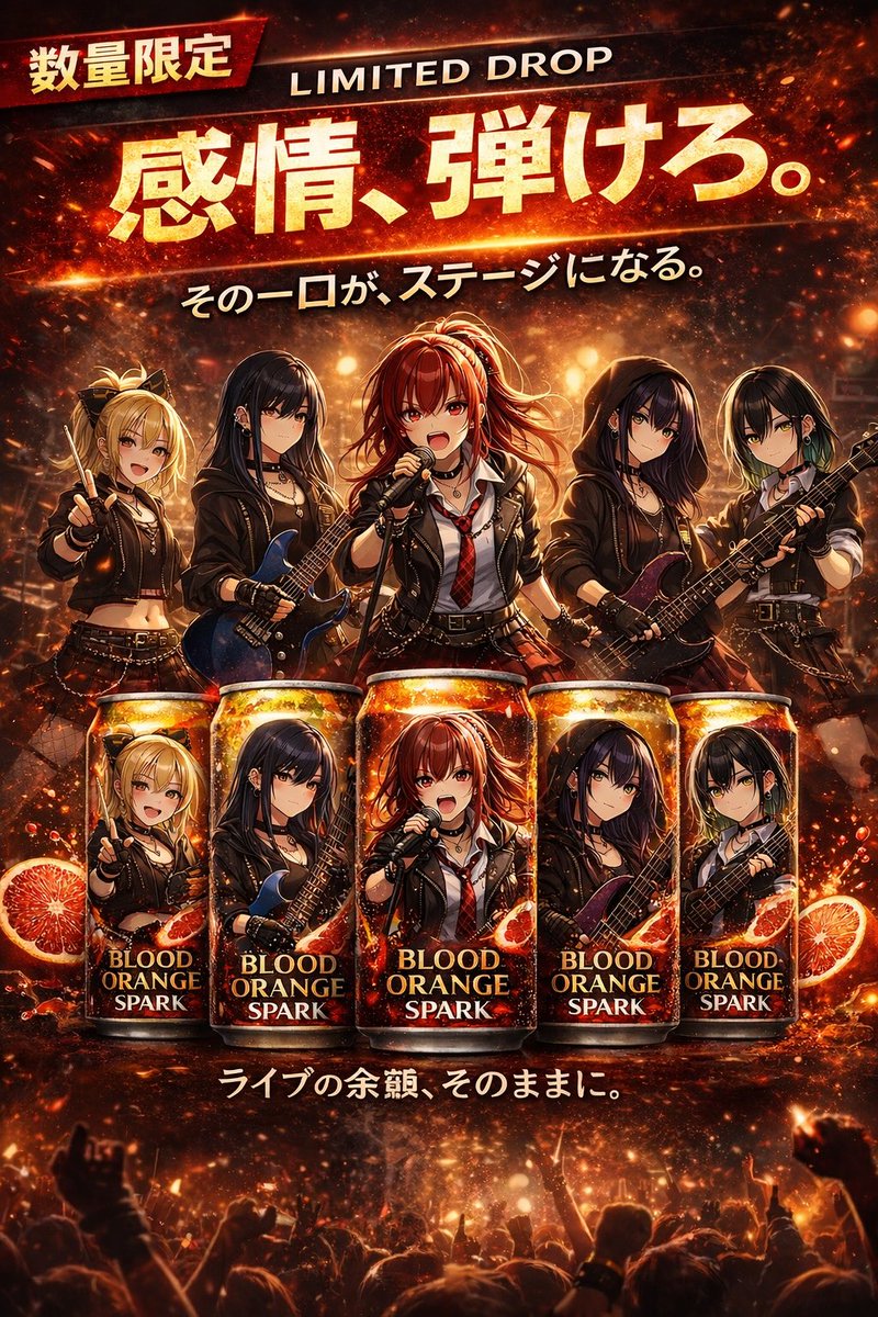 Anime Rock Band Beverage Collab Poster GPT Image 2 prompt example: Generates a promotional poster featuring a 5-member anime rock band and their corresponding character-branded...