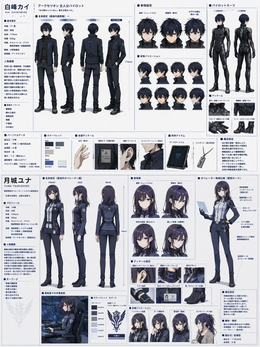 Dual Sci-Fi Character Reference Sheet 的 GPT Image 2 提示词示例图：Generates a highly detailed, split-page anime character design document for two characters, featuring turnarounds,...