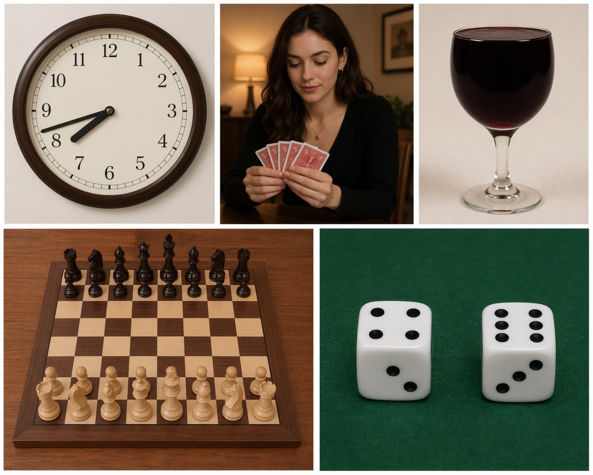 Five-Panel Benchmarking Challenge 的 Qwen Image 提示词示例图：A complex multi-part prompt used to benchmark AI performance across five different styles and subjects, including clocks,...