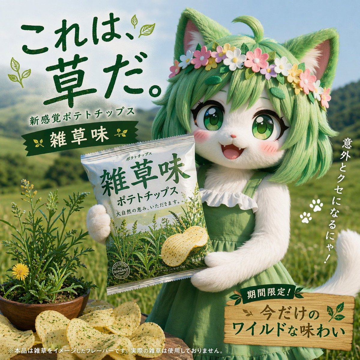 Japanese Potato Chip Advertisement のQwen Imageプロンプト例: A creative prompt for a Japanese potato chip ad where a character promotes a uniquely flavored product.