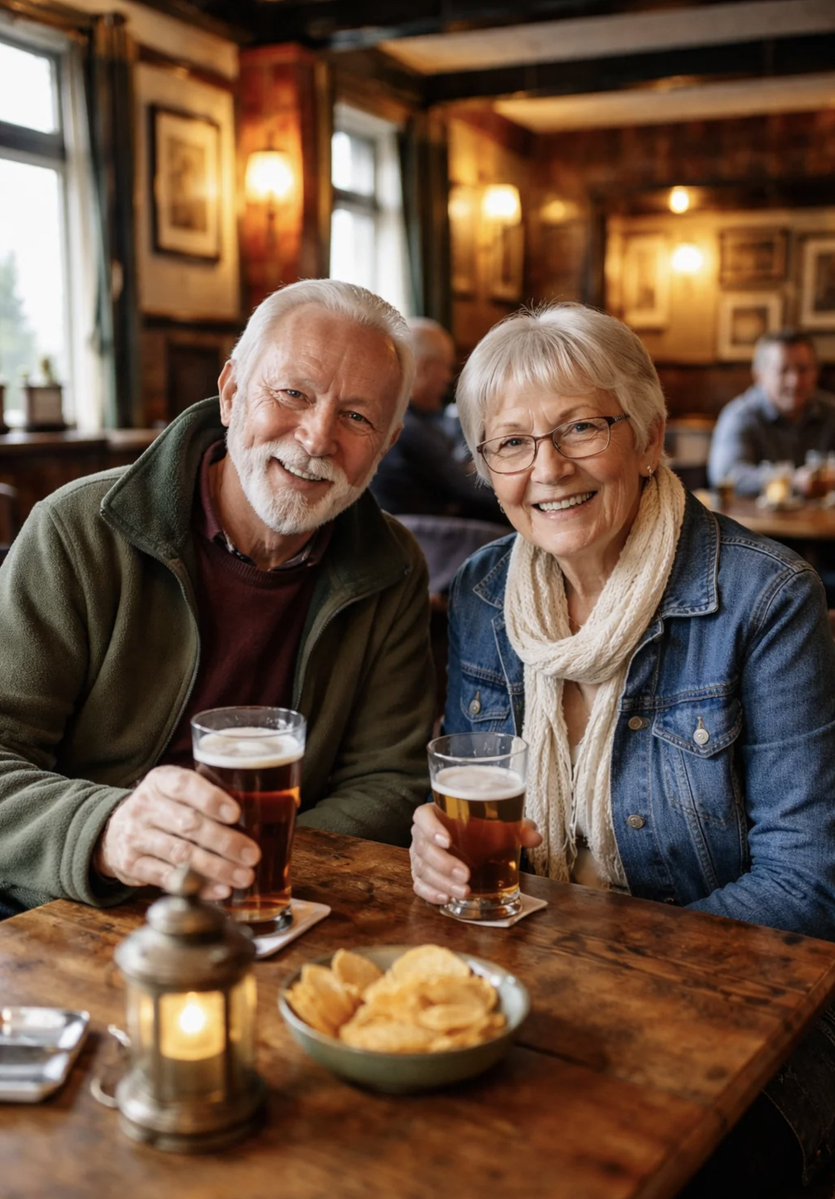 Photorealistic Older Couple in a Pub のQwen Imageプロンプト例: Generates a highly realistic portrait of an older couple enjoying drinks and snacks at a warmly lit pub table.
