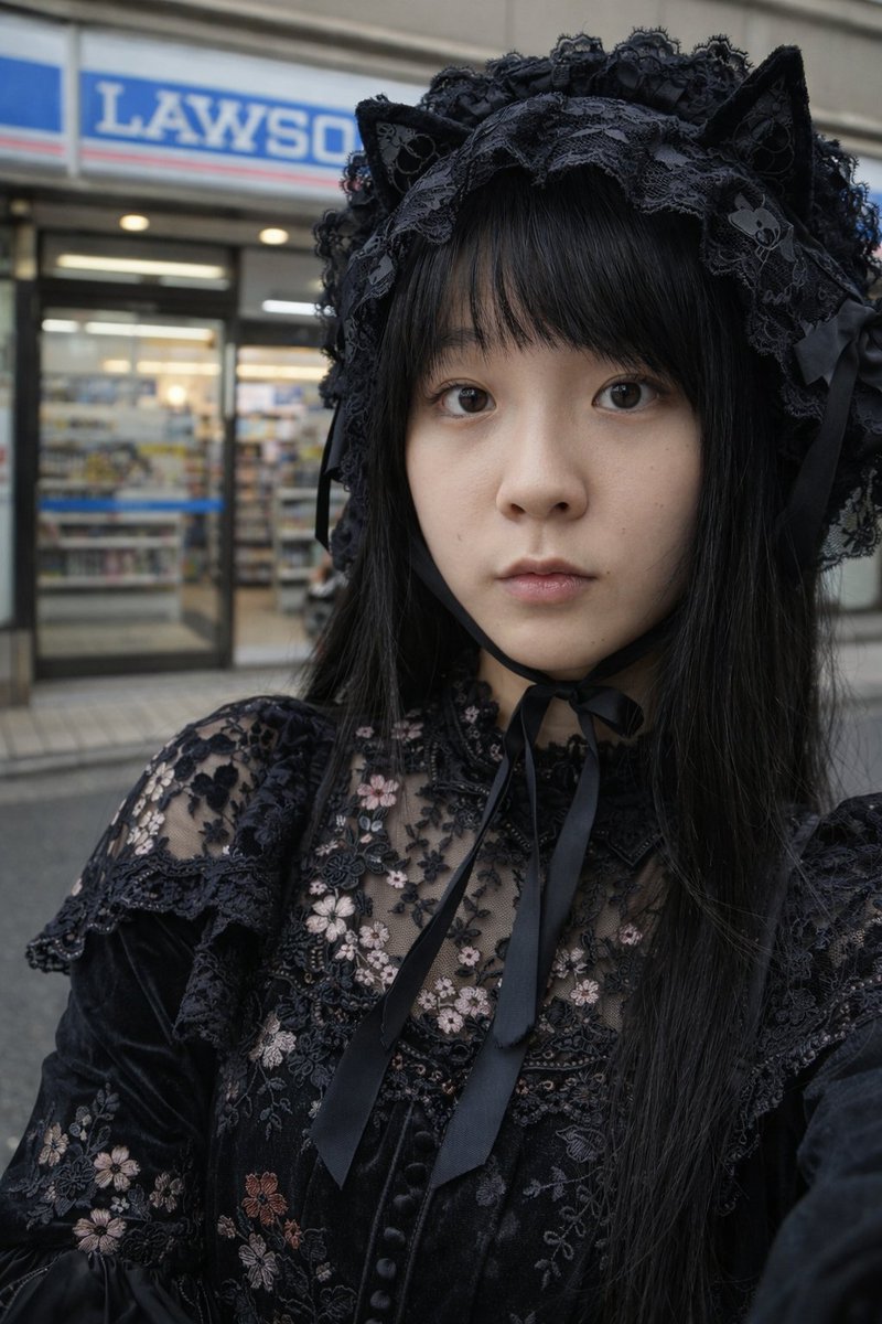 Gothic Lolita Portrait at Convenience Store Qwen Image prompt example: Generates a photorealistic portrait of a young woman in Gothic Lolita fashion standing in front of a...