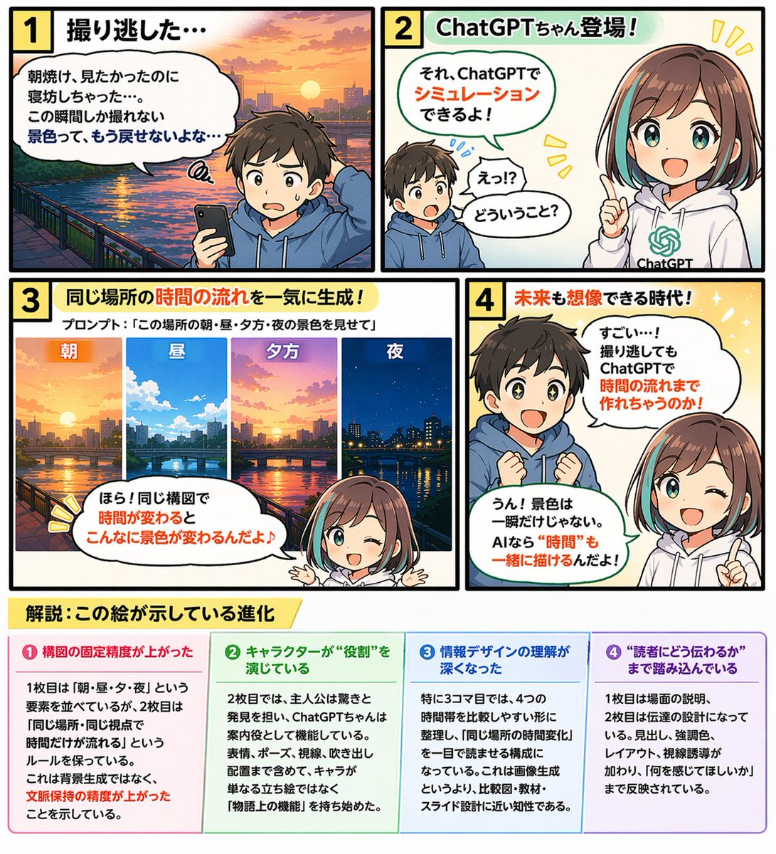 Educational 4-Panel Manga with Infographic GPT Image 2 prompt example: Generates a 4-panel comic strip featuring two characters discussing a topic, complete with an explanatory...