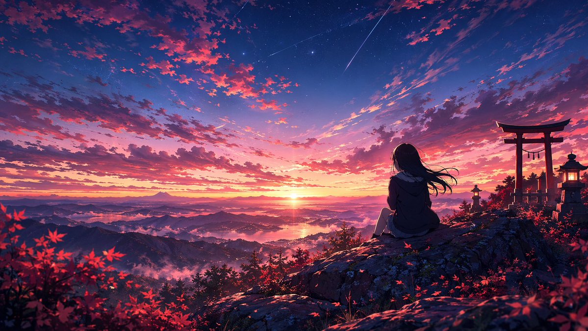 Anime Sunset Mountain Landscape 的 GPT Image 2 提示词示例图：Generates a highly detailed, cinematic anime-style landscape featuring a character overlooking a vibrant sunset and mountains.