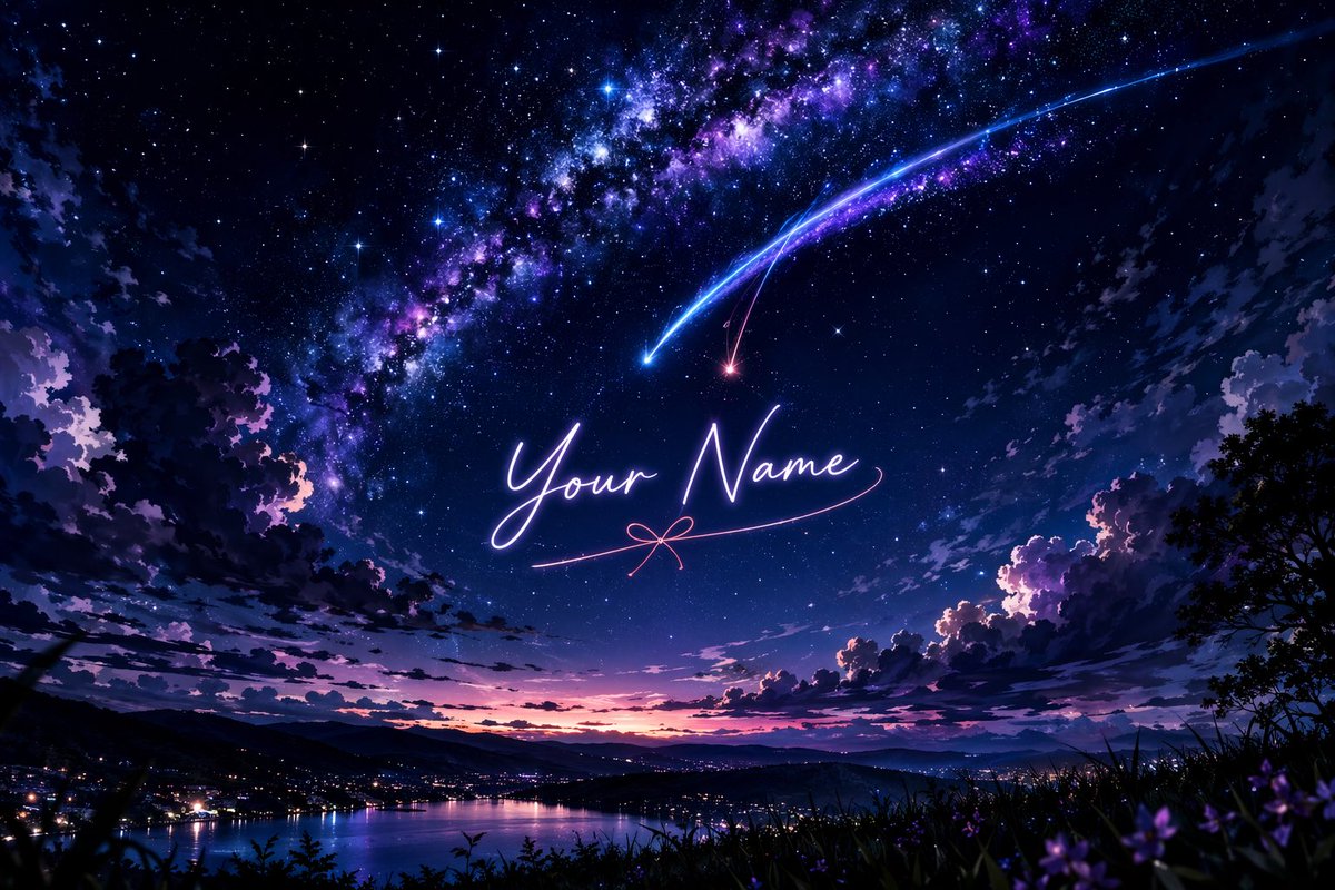 Anime Starry Night Sky with Custom Neon Text 的 GPT Image 2 提示词示例图：Generates a cinematic, anime-style starry night landscape featuring a sweeping Milky Way, shooting stars, and...