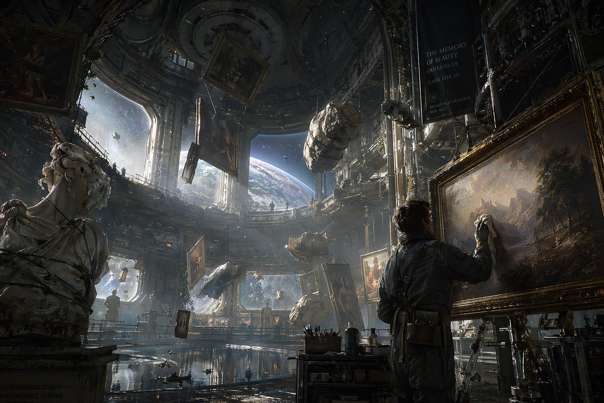 Sci-Fi Orbital Art Museum Qwen Image 프롬프트 예시: Generates a cinematic scene of an art restorer working inside a zero-gravity space station museum.