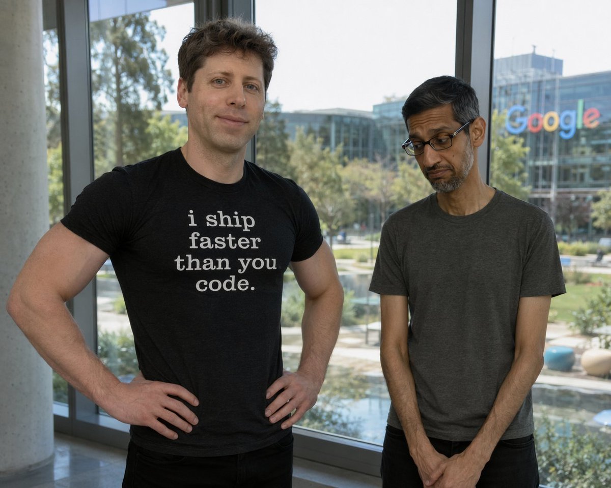Tech CEO Rivalry Meme Generator 的 GPT Image 2 提示词示例图：Generates a photorealistic satirical image of a confident tech CEO standing next to a dejected rival, featuring customizable...