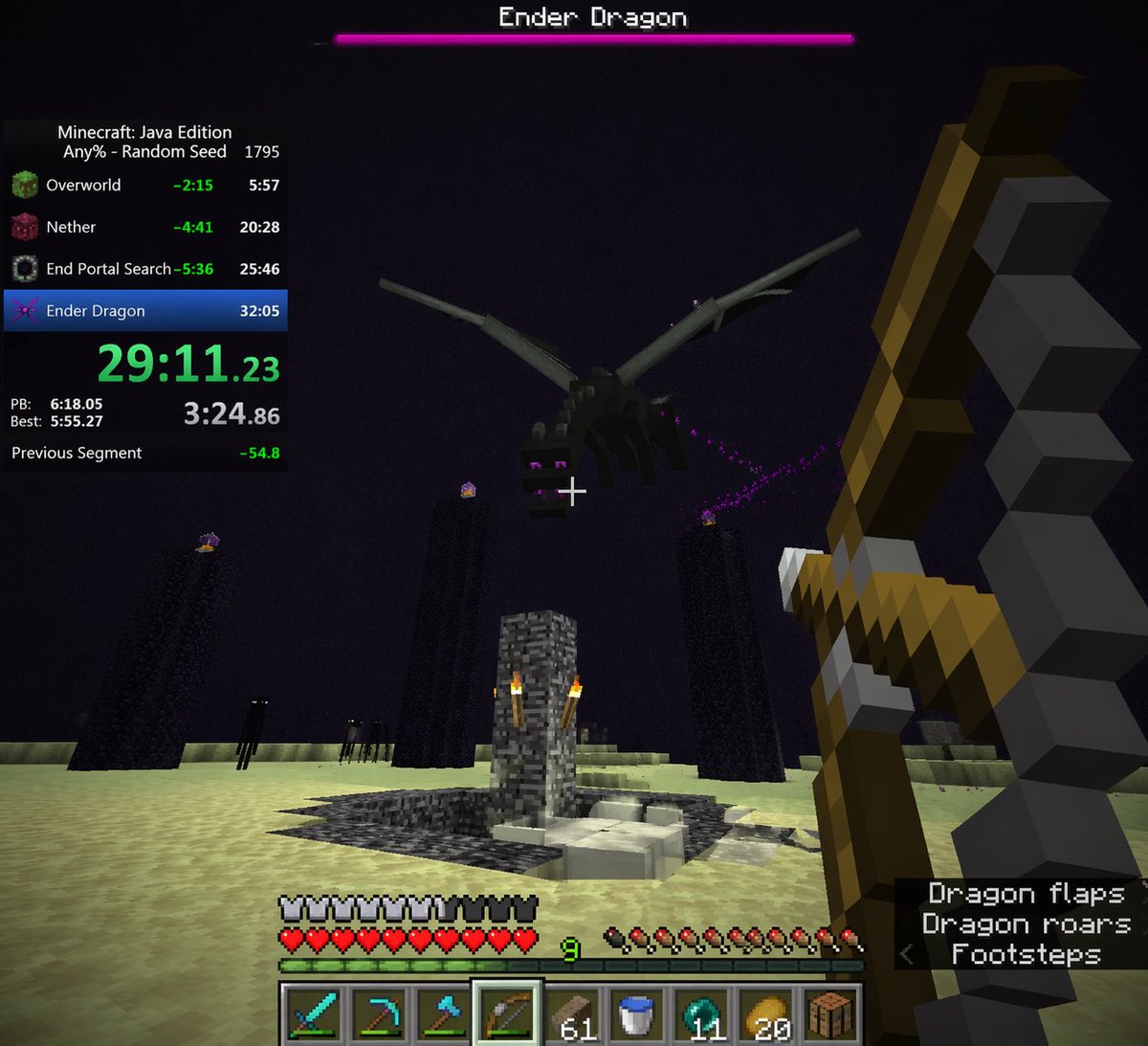 Minecraft Speedrun Screenshot Qwen Image prompt example: Generates a first-person view of a Minecraft boss fight complete with speedrun timer overlays and detailed HUD elements.