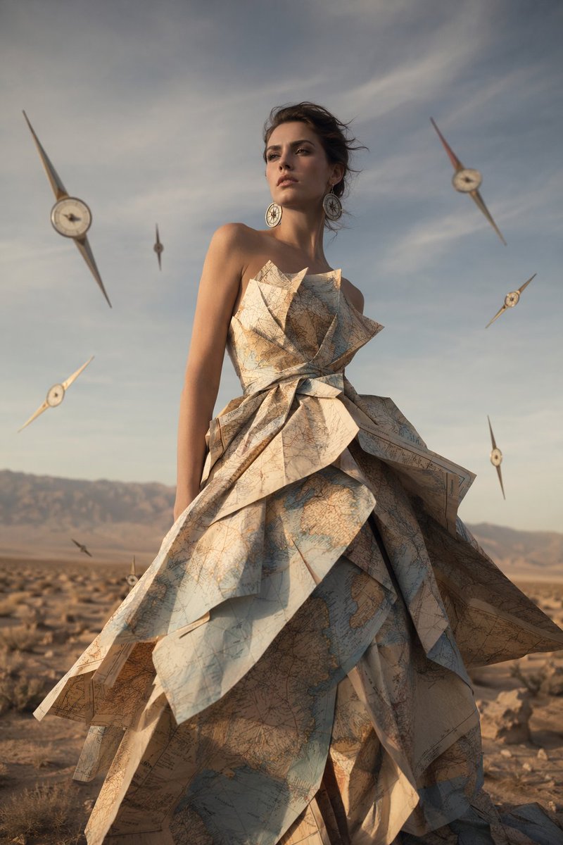 Surreal Map Dress Fashion Editorial のQwen Imageプロンプト例: Generates a cinematic, surreal fashion photography shot featuring a model in a conceptual origami dress surrounded by...