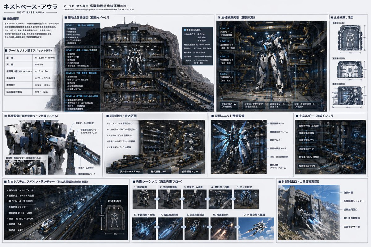 Mecha Base Technical Spec Sheet Qwen Image prompt example: Generates a highly detailed, multi-panel infographic detailing the schematics, hangar, and launch sequence of a sci-fi...