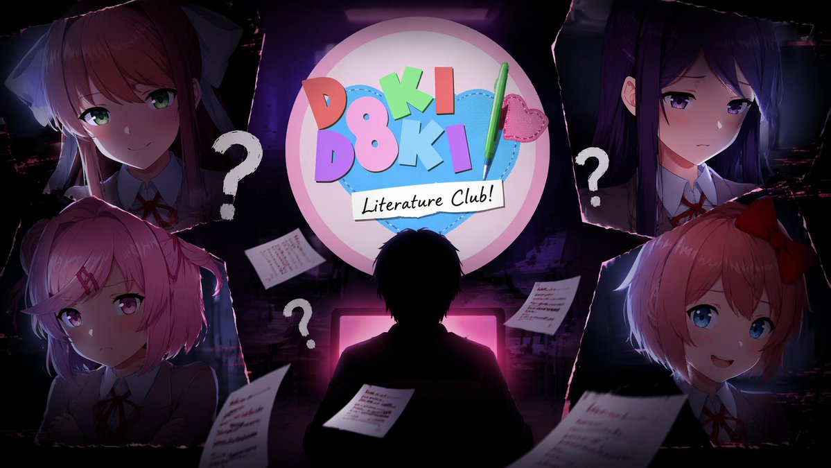 Visual Novel Psychological Horror Concept Art のQwen Imageプロンプト例: Generates a dark, atmospheric promotional image featuring a central silhouette, a cute logo, and four distinct...
