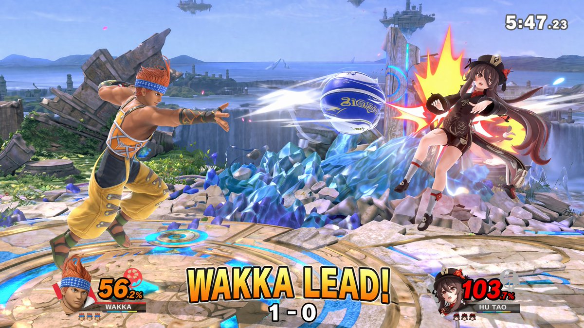 Crossover Platform Fighter Screenshot 的 Qwen Image 提示词示例图：Generates a highly detailed 3D fighting game screenshot featuring custom characters, dynamic combat impacts, and...