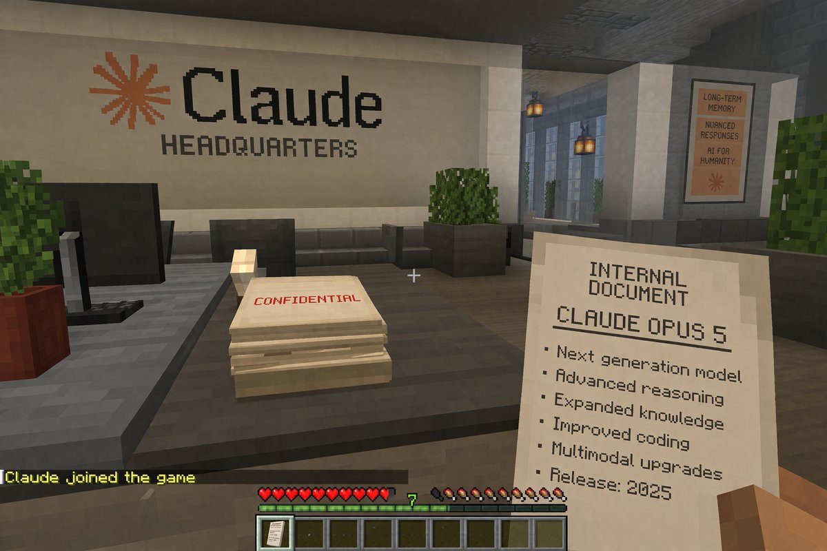 Voxel Game Office Screenshot 的 Qwen Image 提示词示例图:A first-person voxel game screenshot featuring customizable in-game text, documents, and UI elements.