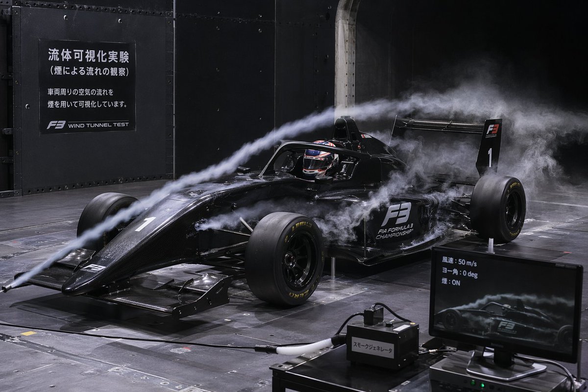 F3 Wind Tunnel Aerodynamic Test のQwen Imageプロンプト例: Generates a photorealistic image of a race car in a wind tunnel with smoke trails and customizable technical signage.