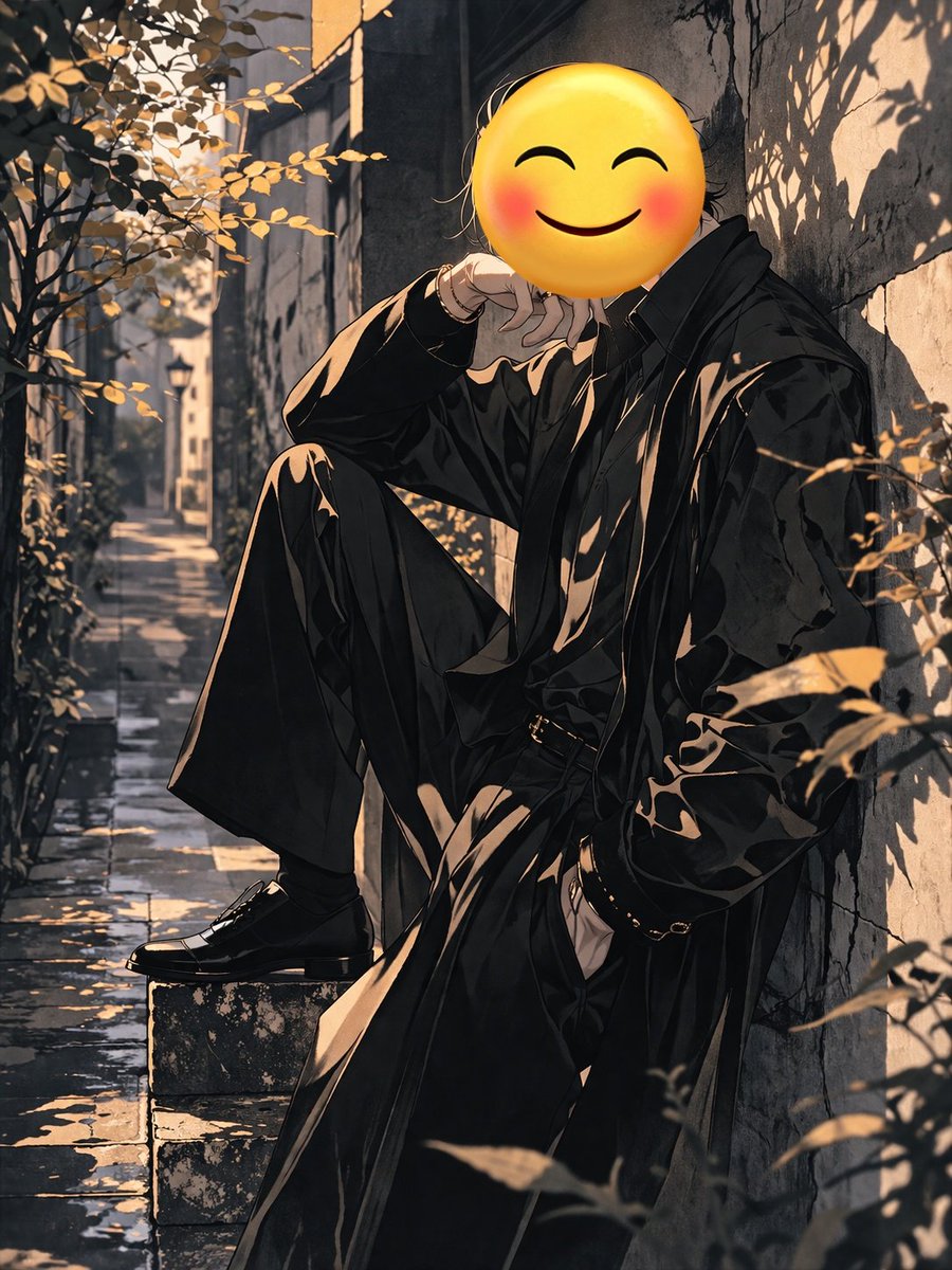 Figure with Emoji Head in Sunlit Alley GPT Image 2 prompt example: Generates an anime-style illustration of a stylishly dressed figure with an emoji head leaning against a wall...