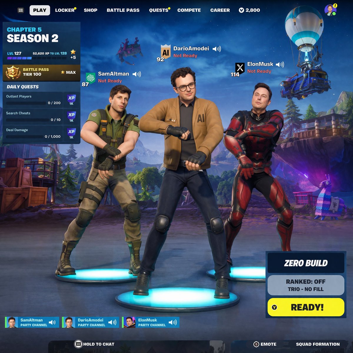 Tech CEO Battle Royale Lobby GPT Image 2 prompt example: Generates a stylized video game lobby UI featuring three customizable tech figures in tactical gear performing a...