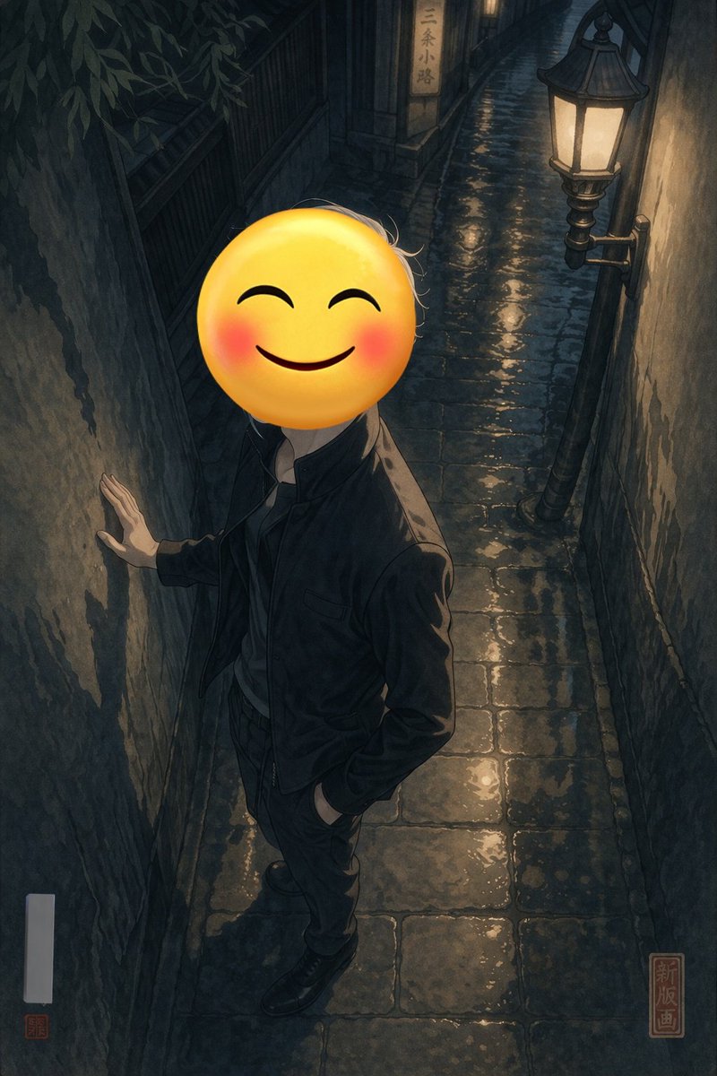 Emoji-Faced Figure in Wet Night Alley のQwen Imageプロンプト例: Generates a moody, high-contrast illustration of a person with an emoji for a face standing in a wet, lamp-lit alleyway.