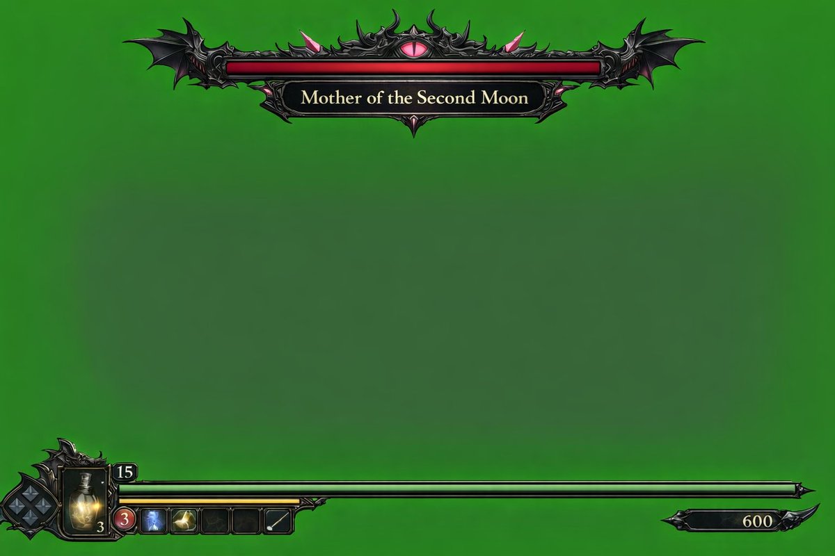 Dark Fantasy Game HUD on Green Screen Qwen Image 프롬프트 예시: Generates a dark fantasy video game user interface overlay on a green screen, featuring a boss health bar and player...