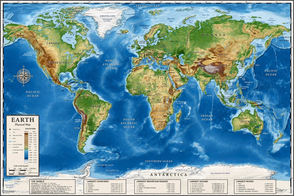 Detailed Physical World Map with Info Panels Qwen Image prompt example: Generates a highly detailed topographical world map featuring a legend, compass rose, and five...