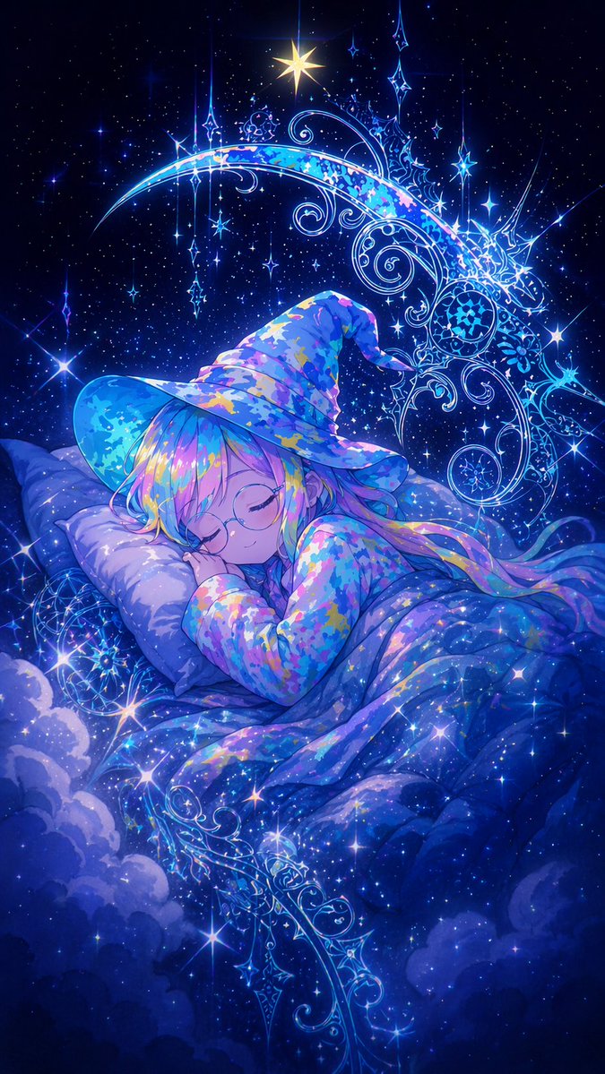 Sleeping Anime Star Witch 的 Qwen Image 提示词示例图：Generates a dreamy anime illustration of a magical character sleeping in a starry, cosmic setting.