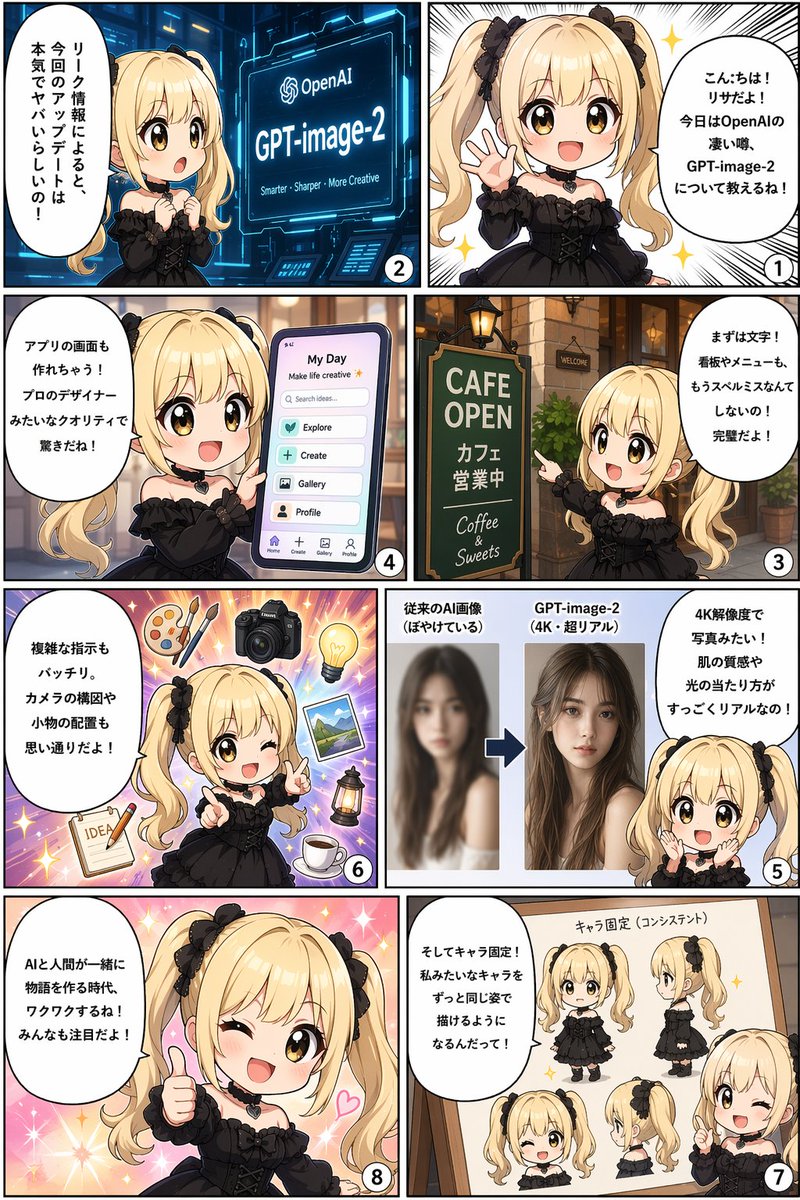 8-Panel AI Feature Explainer Manga 的 GPT Image 2 提示词示例图：Generates an 8-panel manga comic strip featuring a chibi character explaining software features with UI mockups and...
