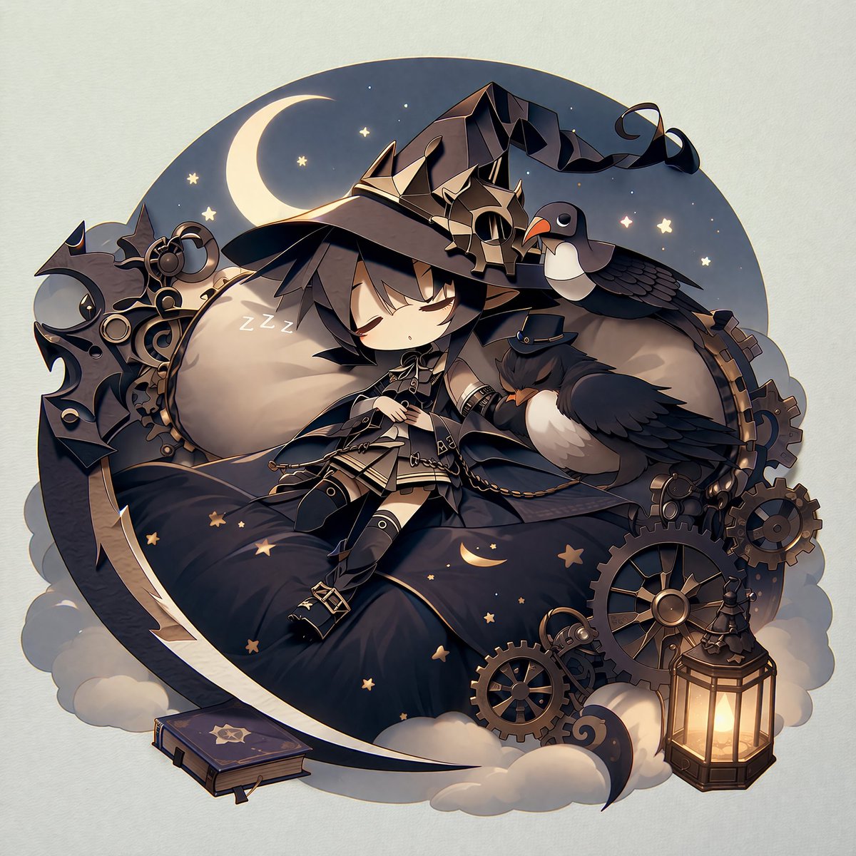 Steampunk Chibi Witch Sticker Illustration 的 Qwen Image 提示词示例图:Generates a 2D anime-style die-cut sticker illustration of a sleeping chibi character with steampunk elements and...