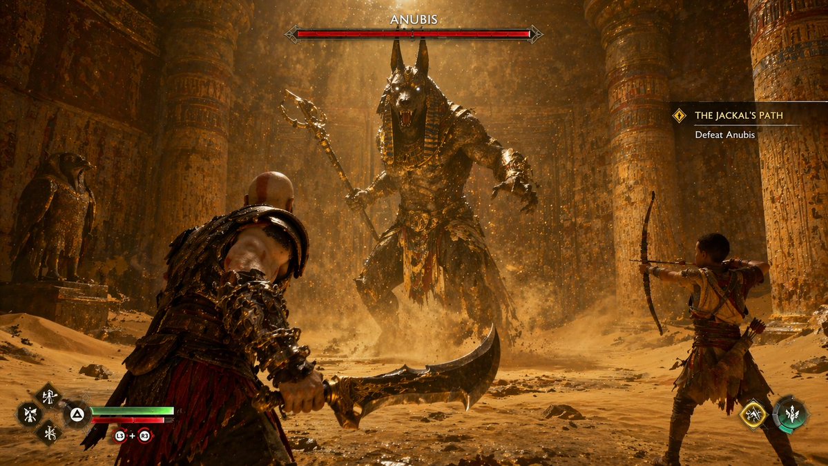 Mythological Action Game Screenshot Qwen Image prompt example: Generates a realistic video game screenshot of a warrior and a boy fighting a giant mythological boss, complete...