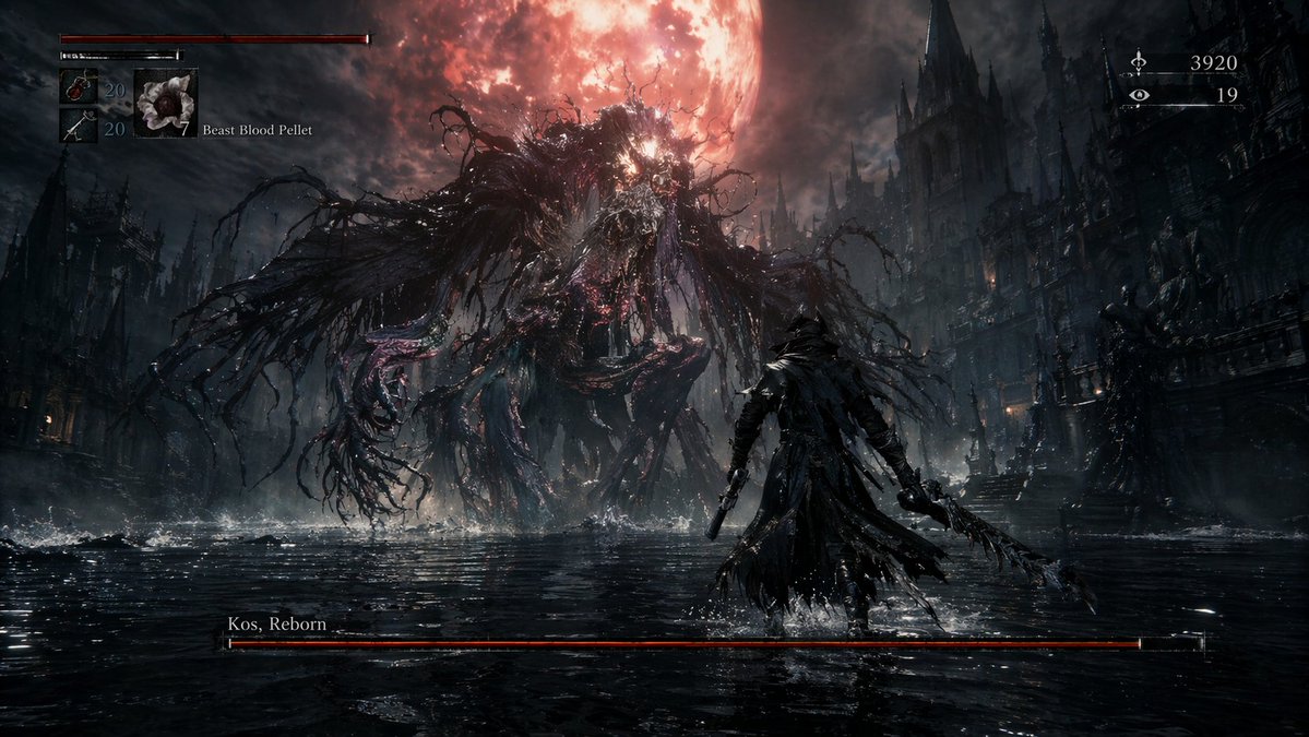 Dark Fantasy RPG Boss Fight Screenshot 的 GPT Image 2 提示词示例图：Generates a video game screenshot of a dark fantasy boss encounter complete with a customizable HUD and boss design.
