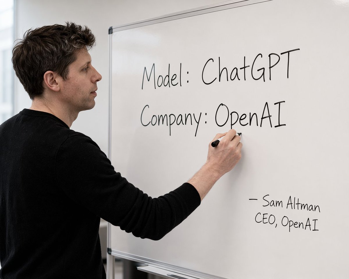 Tech CEO Writing on Whiteboard Qwen Image prompt example: A photorealistic corporate image of a tech executive writing customizable text on a whiteboard.