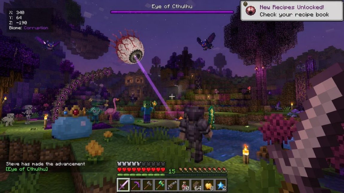Voxel Survival Game Crossover UI GPT Image 2 prompt example: Generates a complex first-person video game screenshot blending block-building and 2D survival game elements,...