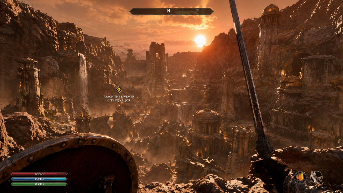First-Person Fantasy RPG Screenshot 的 GPT Image 2 提示词示例图：Generates a highly detailed, first-person perspective video game screenshot featuring customizable UI elements, equipped...
