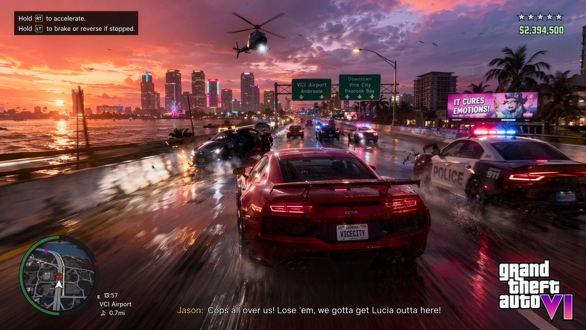 Open-World Action Game HUD Screenshot GPT Image 2 prompt example: Generates a realistic video game screenshot featuring a high-speed car chase, complete with customizable HUD...