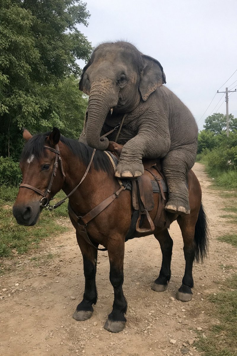 Elephant Riding a Horse 的 GPT Image 2 提示词示例图：Generates a photorealistic, surreal image of an unexpected animal riding a horse on a rural dirt path.