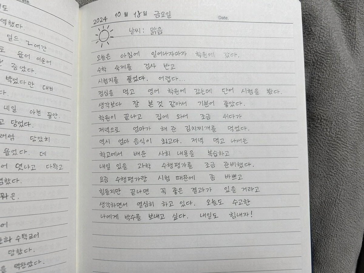 Handwritten Korean Diary Entry Qwen Image prompt example: Generates a photorealistic image of an open lined notebook featuring a handwritten Korean diary entry on a fabric surface.